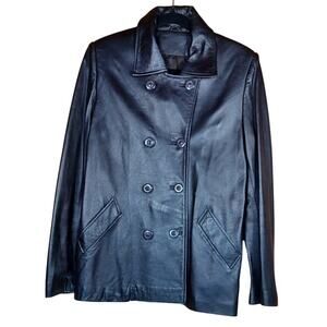 Vintage 90s Black Double Breasted Leather Jacket Short Trench Style Blazer Style